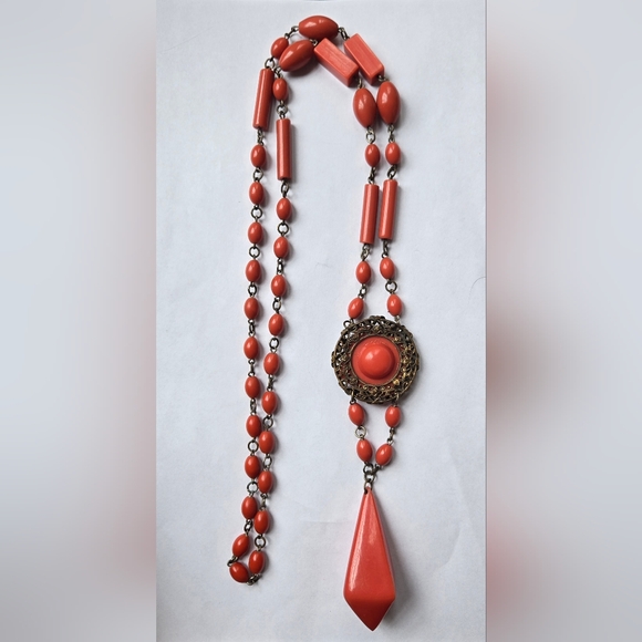 Antique Vintage 1920s Art Deco Coral Celluloid Flapper Necklace - Picture 3 of 9